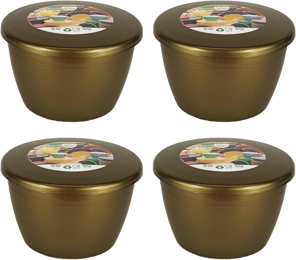10 fl oz Pudding Mold and Lid Gold Color Reusable Food Safe Plastic Steam Pudding Bowls (4 pack)