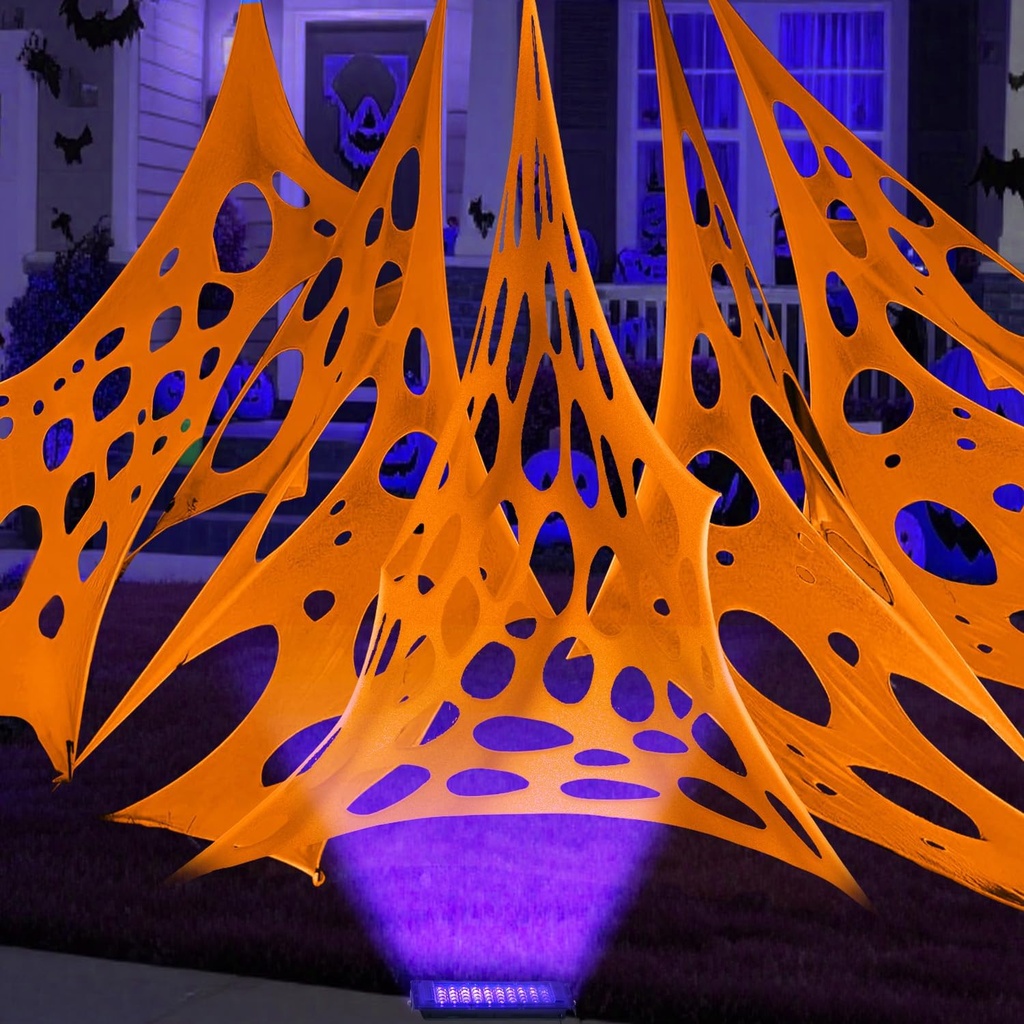 Glow in the dark Orange 1000 Sqft Uncut Giant Spider Web Halloween Decorations Outdoor with 1 Black Light &10 Ground Nails Stretchy Beef Cloth Netting DIY Flexible Elastic for Yard Party Decor