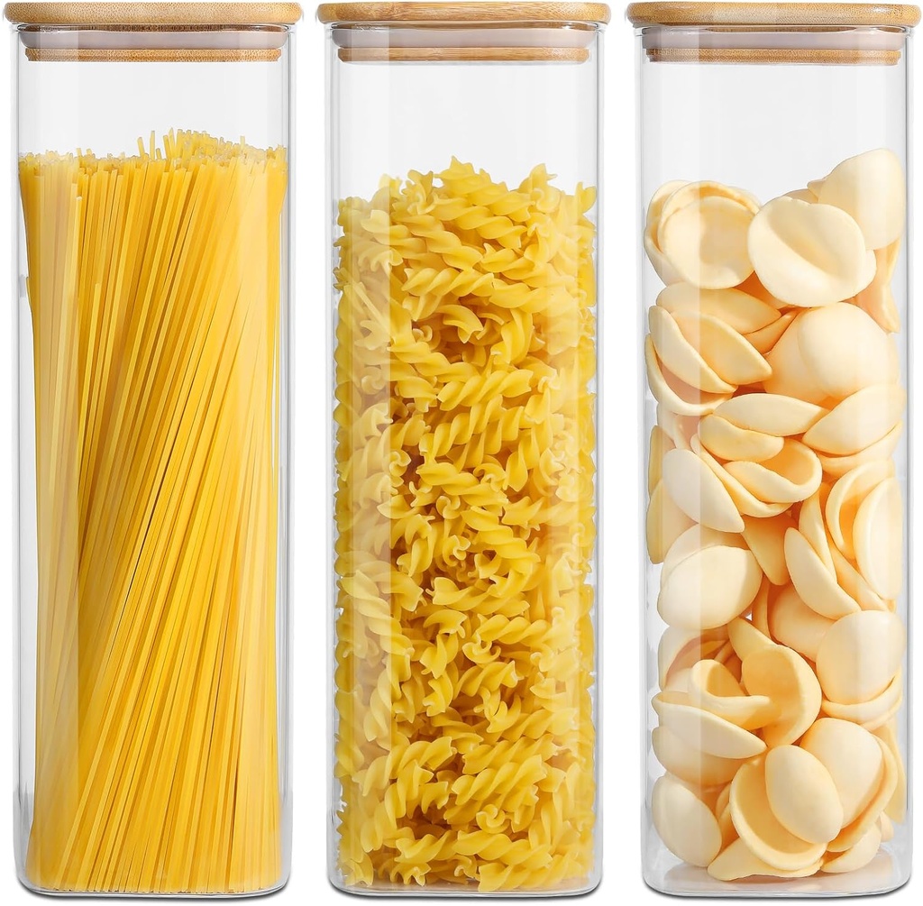 Glass Food Storage Jars with Lids(2.2QT)Square Set of 3 ,Glass Storage Containers Clear Glass Food Canister with Bamboo Lid Airtight For Serving Tea, Coffee Beans, Flour,Cookie, Cereal,Spice and More