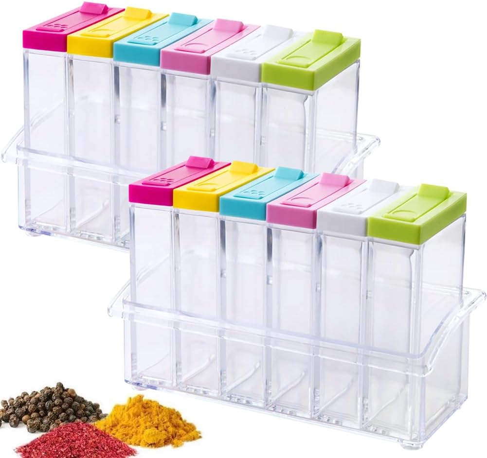 12 PCS Colorful Spice Shaker Jars, Salt and Pepper Shakers Set, Seasoning Shaker Boxes Condiment Set, Anberky Plastic Spice Dispenser Case Clear Seasoning Storage Container Bottle with Lid & Tray (#B)