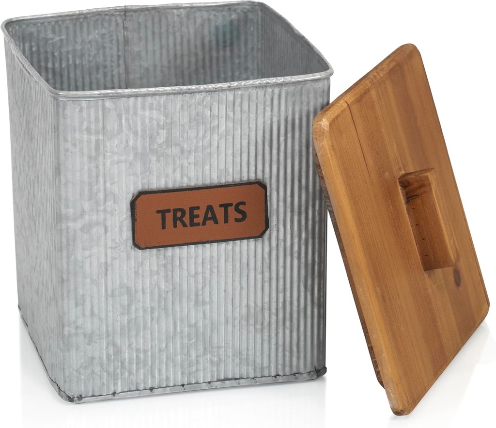 Red Co. Dog & Cat Treats Corrugated Metal Storage Canister with Wooden Lid, Distressed, 7.25" x 8”