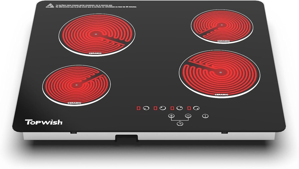 4 Burner Electric Cooktop, TOPWISH 24 Inch, Built-in Electric Stove Top, 220-240v Radiant Cooktop with Child Lock, Touch Control, Residual Heat Indicator, Overheat Protection, Hard Wire (No Plug)
