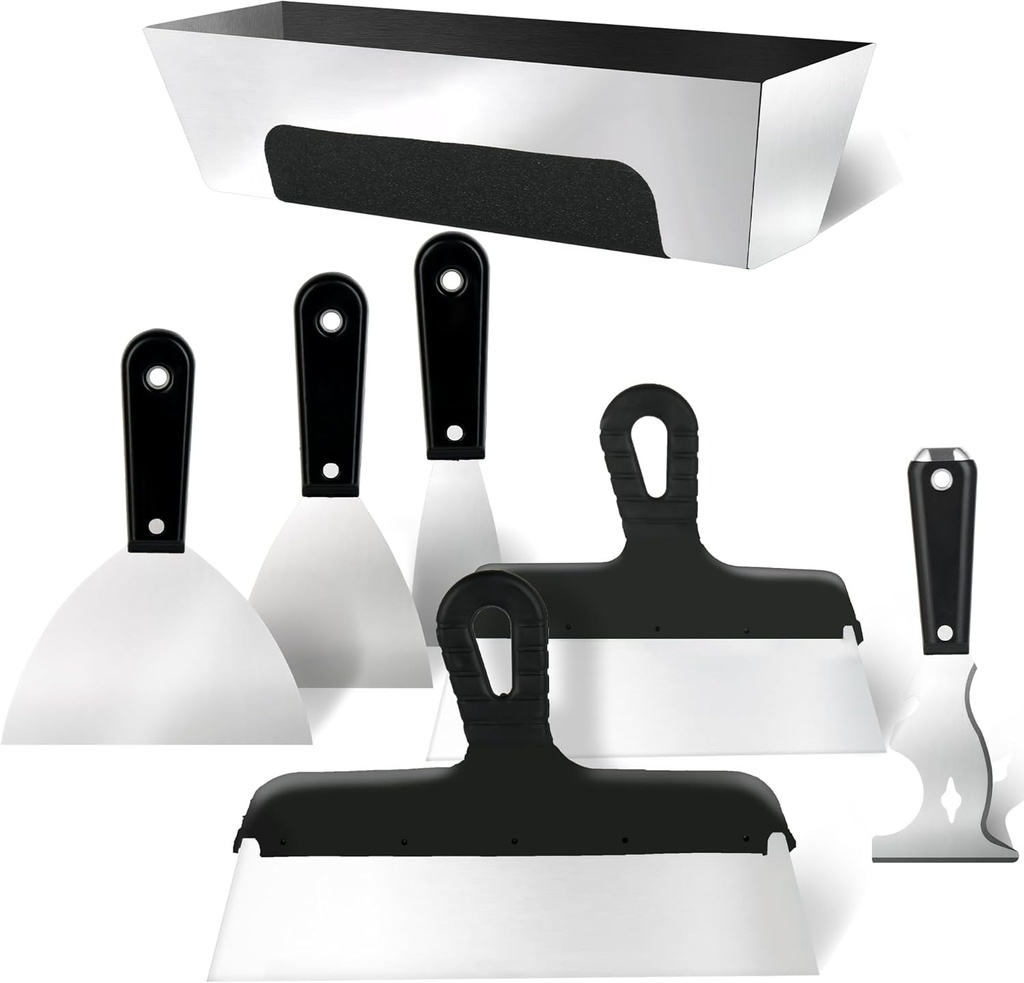 Drywall Knife Set, 7PCS Drywall Tools with Mud Pan, Stainless Steel 2” 3” 4” 6” 10” 12” Knife Set Putty Knives, Taping Knives, Painter Scraper, 12” Mud Pan, Spackle Tool Kit for Repairing Work