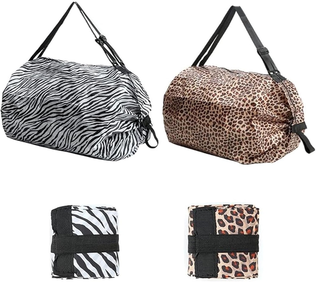 Reusable Foldable Shopping Bag with Reinforced Adjustable Handles Ideal for Grocery Shopping, Camping, Moving, Beach Swim Bags, Travel Bag, Gym Changing Bag (2-Piece Set)Zebra & Leopard Print