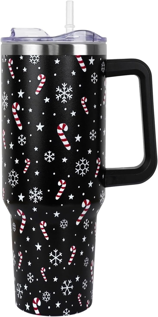 Christmas Tumbler with Handle and Straw Lid 40 oz,Cute Christmas Gifts for Women Candy Cane Snowflakes Vacuum Insulated Leak Proof Tumbler,Winter Holiday Accessories Stainless Steel Coffee Cup Mug