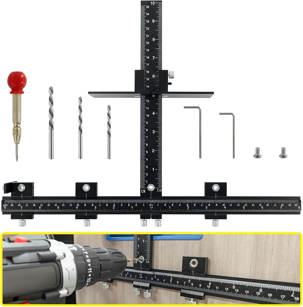 Aluminum Alloy Cabinet Hardware Jig - Precision Drilling Guide Tool for Cabinet Door/Drawer Handle & Knob Installation with 3 Drill Bits & Auto Punch, Hardware Jig for Woodworkers DIY