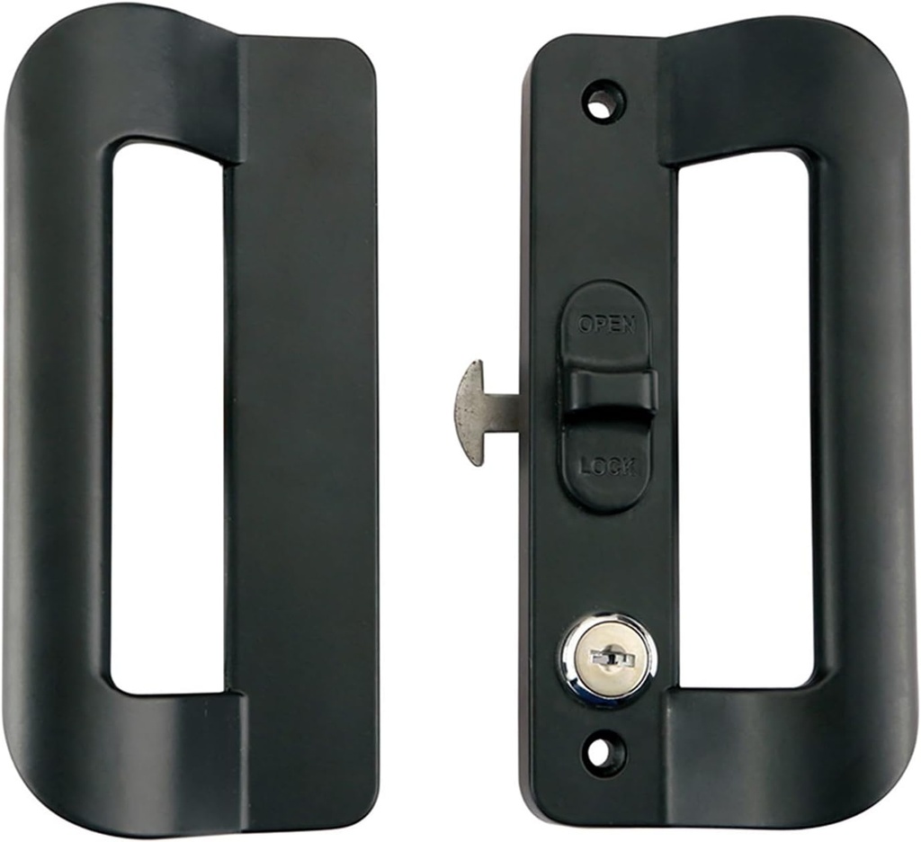 WANLIAN Black Sliding Door Handle Set,Patio Door Handle with Lock & Key,Glass Door Pull, 5-5/8 Inch Hole Spacing, for Door Front and Back Side Replacement,Aluminum Alloy