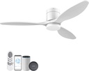 52” Wood Smart Ceiling Fans with light and Remote,Flush Mount Outdoor Indoor Ceiling Fan,Quiet DC Motor,Dimmable,Control with Voice Alexa Google App Wifi,for Low Profile Modern Bedroom Patio,White