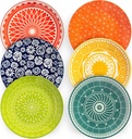 Annovero Dinner Plates - Mismatched Colorful Dinnerware Set of 6 - Fun Decorative Cute Boho Kitchen Dishes - Zero Lead & Cadmium - 10.5 Inch Diameter