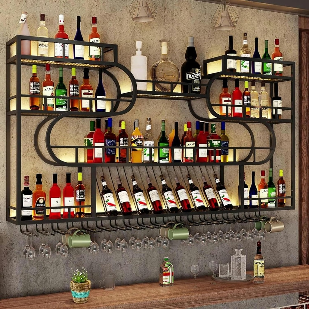 Wall Mounted Wine Rack with LED Light,Bar Shelves with Hanging Wine Glass Holder,Industrial Liquor Bottle Display Shelf,Metal Wine Storage Racks,Floating Shelves,for Kitchen Wine Cellar Home (C