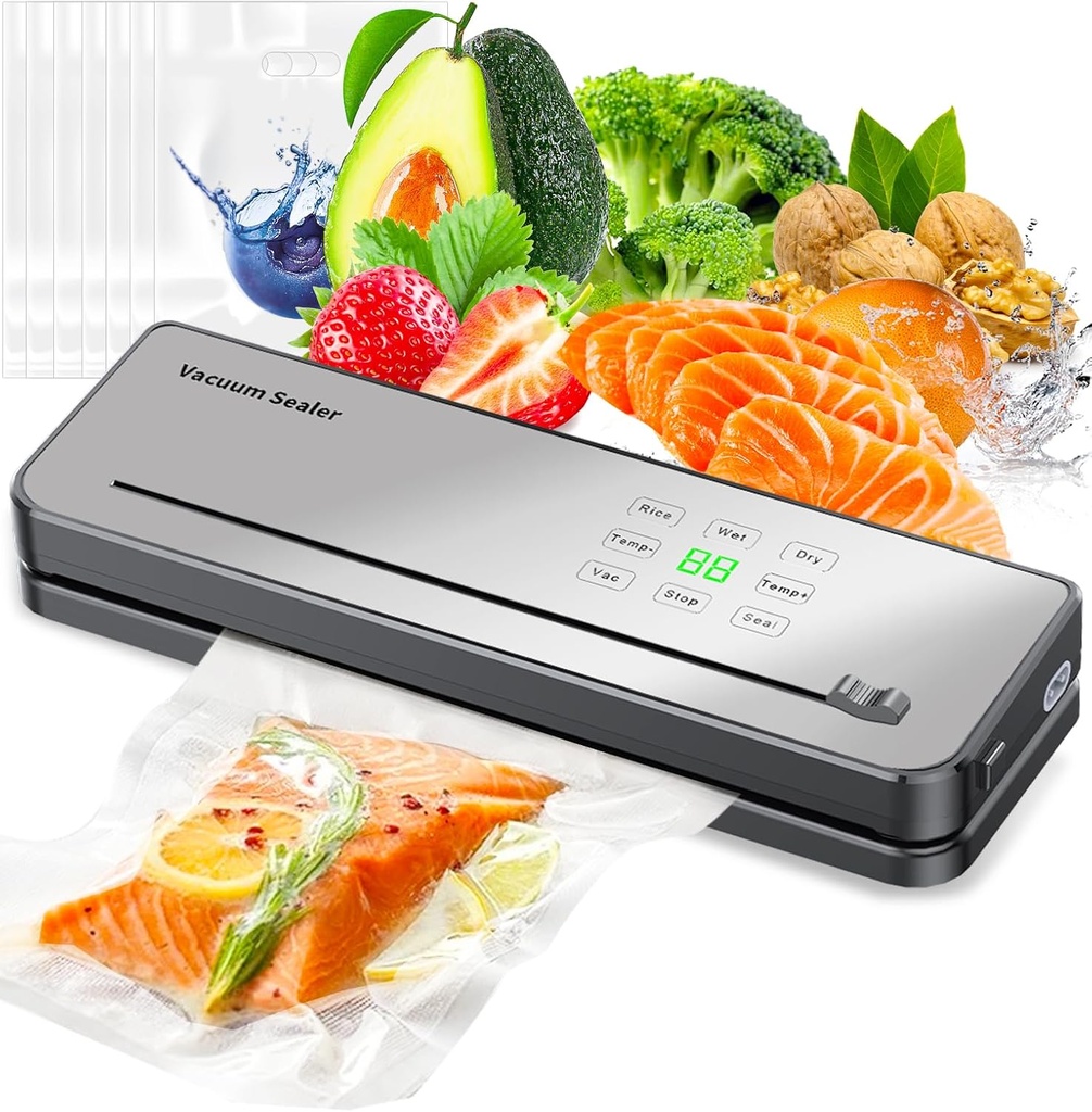 Vacuum Sealer, ESoundvol 7-in-1 Vacuum Sealer Machine for Food Flexible Temperature Control, Built-in Cutter and Visible LED Display for Dry and Moist Food Fresh Preservation with 10Pcs Bags