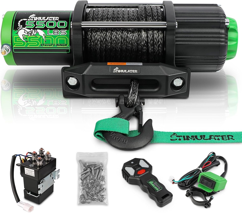 STIMULATER 5500LB ATV/UTV Winch,12V Electric Winch,Winch with 1/4'' x 50' Synthetic Rope,with Wireless Remote and Wired Switch,with Hawse Fairlead&Hook,IP67 Waterproof,Suitable for Most ATVs and UTVs