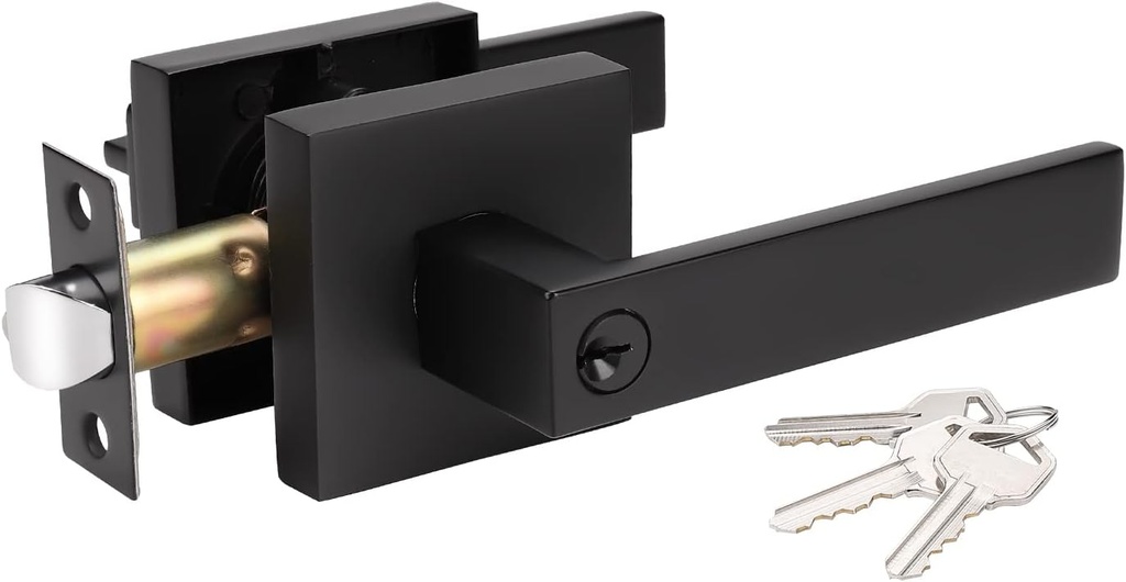 KNOBWELL 1 Pack Heavy Duty Exterior Door Handles Black Matte Door Handles Levers 2.13 lb Modern Door Handleset, Classic Door Handles with Lock(Same Key)