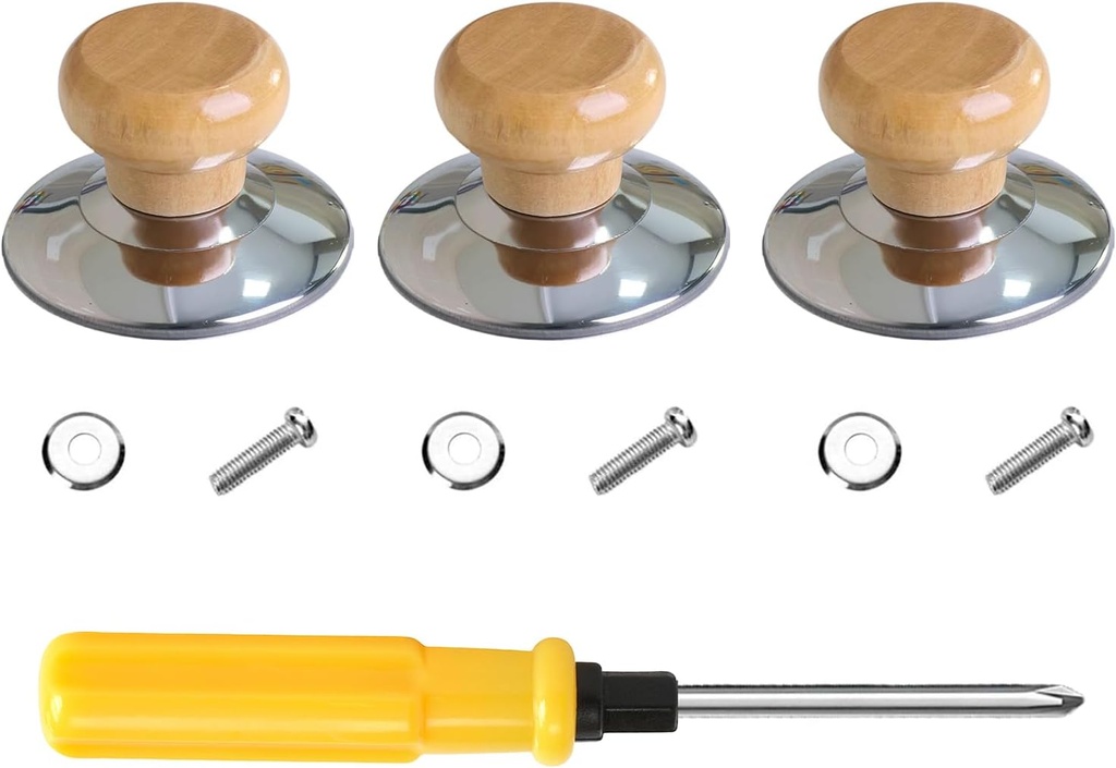3 Pac Pot Lid Wood Knob, Universal Pot Lid Replacement Knobs,tempered glass pot lid pan cover with wood knob kitchen cooking-Great for Slow Cookers, Skillets and Kitchen Cookware Covers,