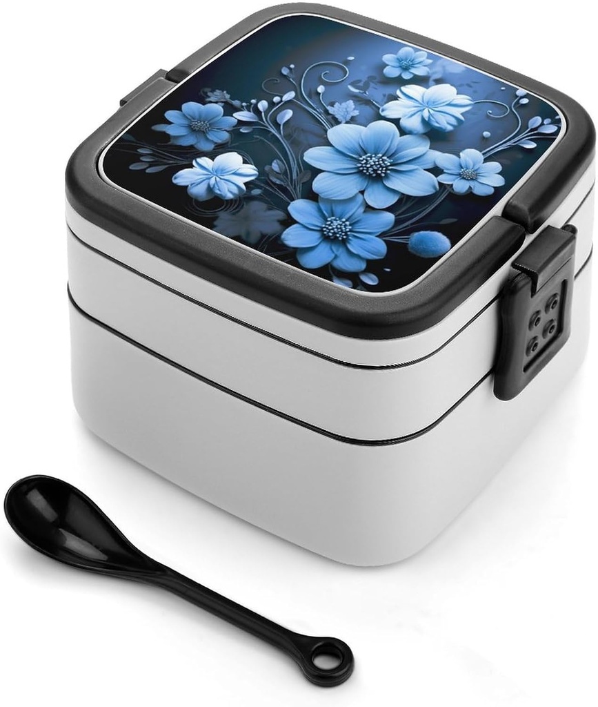 Blue Flowers Bento Box Double-Layer Bento Lunch Container with Spoon And Invisible Handle Adult Leak-Proof Lunchbox for Dining Out Work Picnics Travel