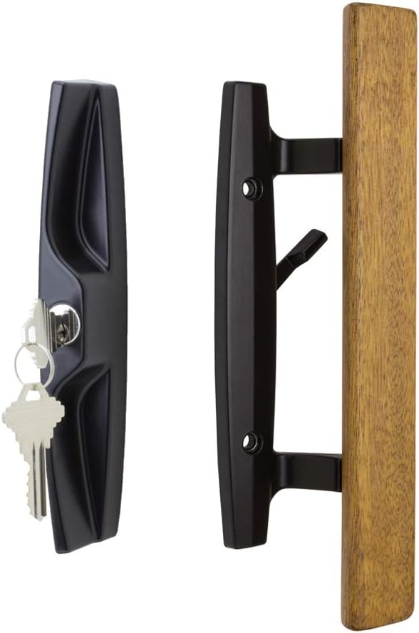 Lanai Sliding Glass Door Handle Set with Oak Wood Pull in Black Finish, Includes Key Cylinder, Standard 3-15/16” CTC Screw Holes, 1-1/2" Door Thickness