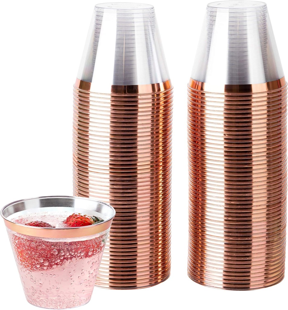 PLASTICPRO 9 oz Disposable Plastic Party Cups,Old fashioned Designed Tumblers, Crystal Clear (Clear With Rose Gold Rim, 100)