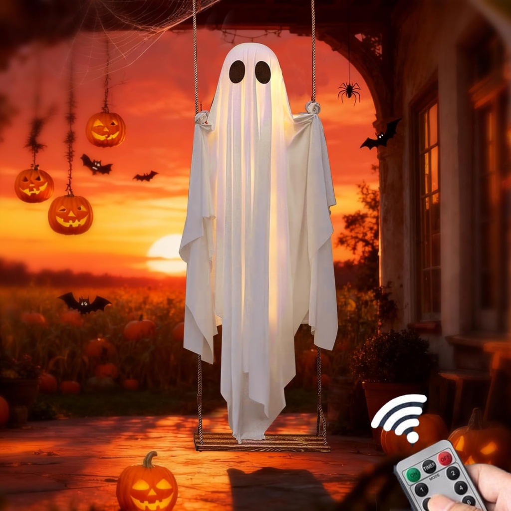 Halloween Decorations Outdoor, 5FT Large Hanging Ghost Swing with Remote Control String Lights, Spooky Cute Ghosts Decorations for Tree Porch Yard Garden Lawn (1PC)