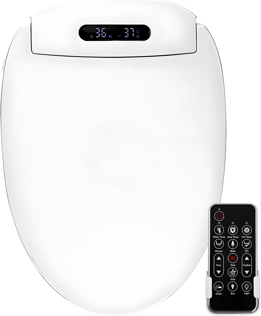 Electric Bidet Toilet Seat Elongated, Slow Close Seat, Warm Air Dryer, Remote Control, LED Light, Smart Heated Bidet Seat, Temp Adjustable Toilet Lid
