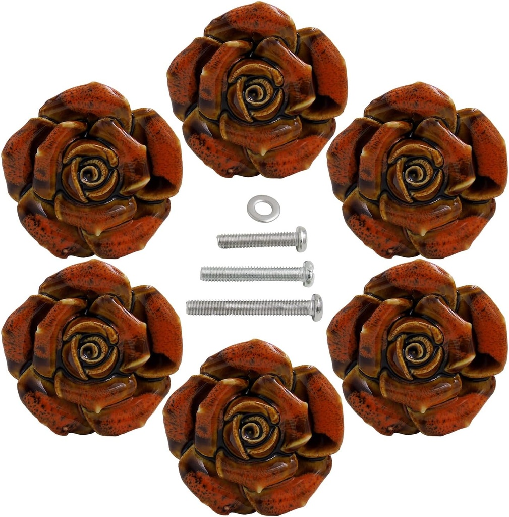 Retro Floral Dresser Knobs, Vintage Ceramic Rose Cabinet Cupboard Dresser Drawer Knobs and Pulls - Set of 6 with Screws (Red)