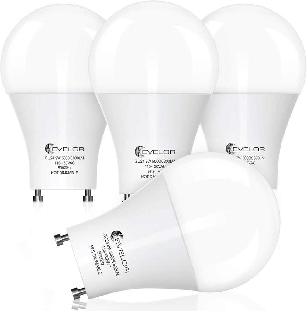 GU24 LED Light Bulb,60 Watt Equivalent Daylight White 5000K,Non-Dimmable,Efficient 9W,800 Lumens Twist and Lock 2 Prong Light Bulbs,15000 Hours,Ideal for Kitchen,Living Room,Bedroom, 4-Packs