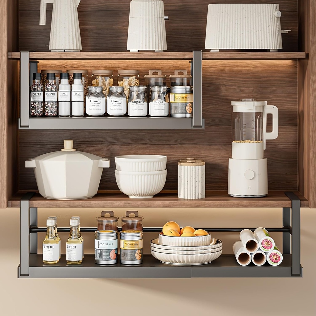 Hanging Under Shelf Storage Basket, Adjustable Width Under Cabinet Add-on Storage Racks, Heavy Duty Slide-in Baskets Organizer for Cabinet Pantry Kitchen, 1 Pack,8.46"D x 10.6"W x 7.36"H