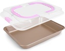 Baking Pan with Lid Rectangular Cake Pan Nonstick Bakeware Baking Pan Carbon Steel Cake Carrier Pan for Roasting Baking Storing Oven and Freezer Safe 10x14 Inch, Normal, Champagne Gold Pink
