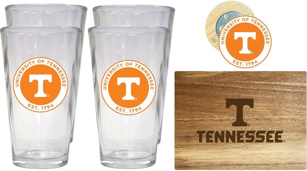 R and R Imports Tennessee Knoxville Volunteers Officially Licensed Kitchen Pack - Wood Cutting Board, 4 Pint Glasses & Magnetic Bottle Opener