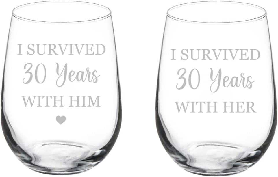MIP Set of 2 Wine Glass Goblet Gift I Survived 30 Years 30th Anniversary (17 oz Stemless)