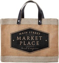 Santa Barbara Design Studio Main Street Farmers Market Tote, Reusable Burlap Grocery Bag with Leather Handle, Purse for Beach or Picnics, Food Lovers Gift Idea, 12.5 x 9.5 Inches