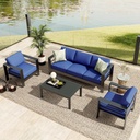 DEXSO 4-Piece Aluminum Patio Furniture Set, 5-Seat Sectional Sofa with 10" Arms & Blue Cushions (2 Singles+1 Sofa+1 Table), Modern Outdoor Living Set (Blue, 4-Piece Set)