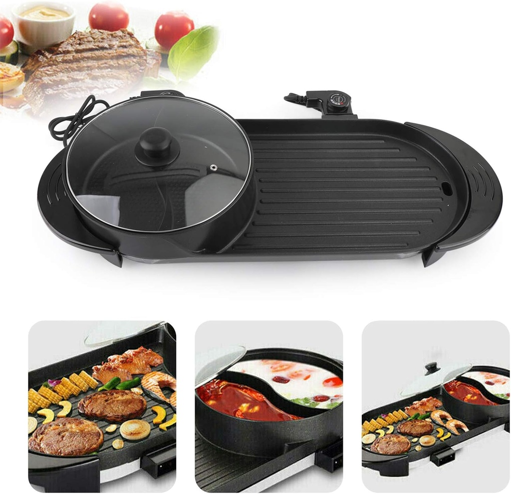 Topteng 2 in 1 Hot Pot Grill, Black Portable Electric Hot Pot Indoor Barbecue Grill Non-Stick Teppanyaki Pan Shabu Shabu Korean BBQ Grill Hot Pot