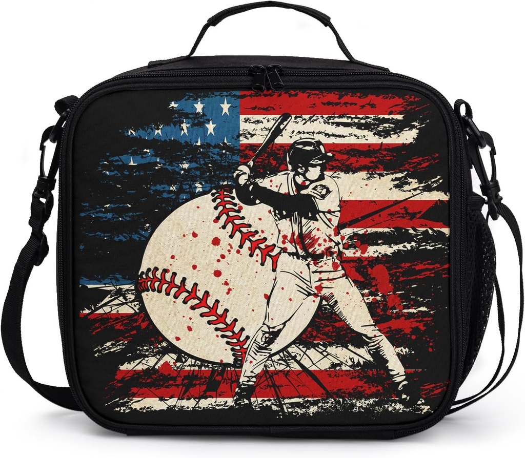 American Flag Baseball Pattern Lunch Bag Sport Baseball Lunch Boxes for Women/Man Office Work Travel School Work Picnic Durable Reusable Insulated Large Lunch Tote Bag with Adjustable Shoulder Strap