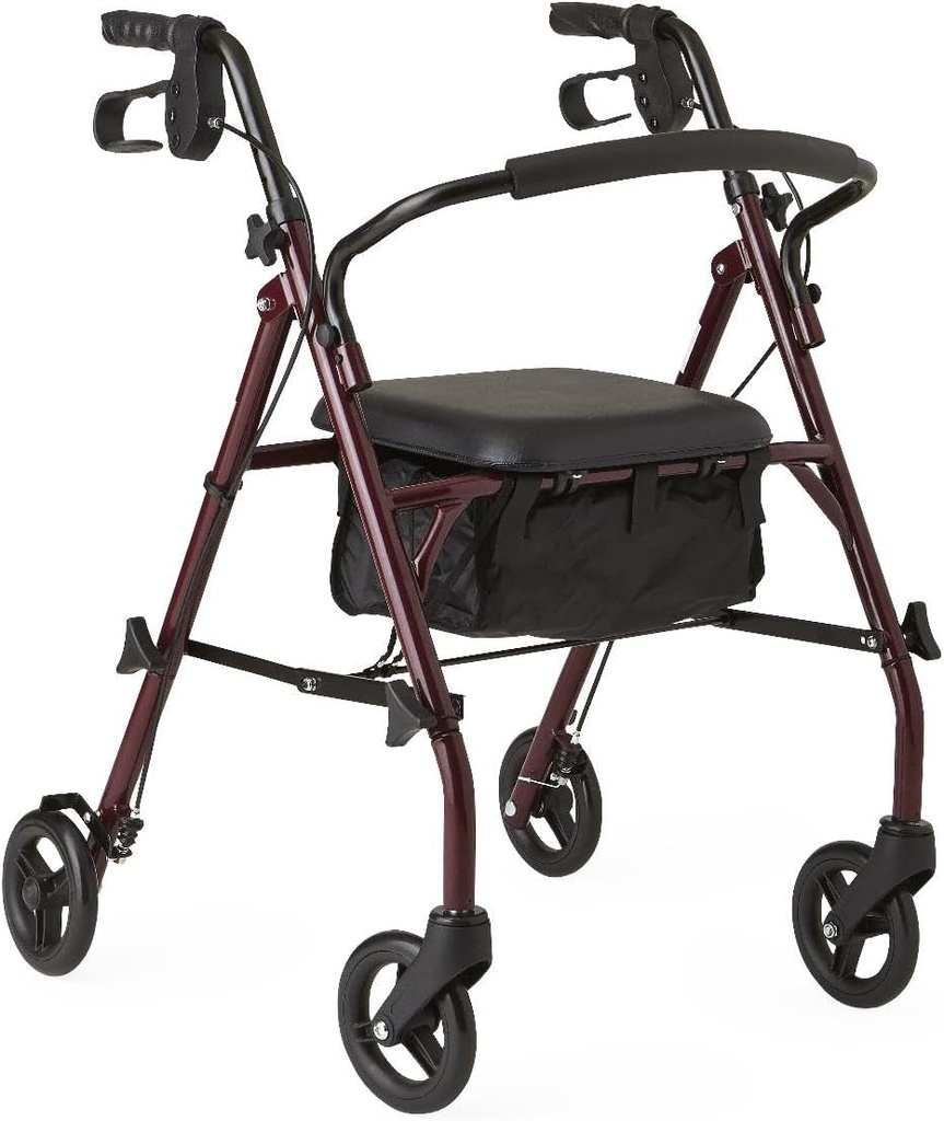 Medline Steel Rollator Walker with Seat, Burgundy, 350 lb. Weight Capacity, 6” Wheels, Foldable, Height Adjustable Handles, Rolling Walker for Seniors, Walker for Mobility Impaired