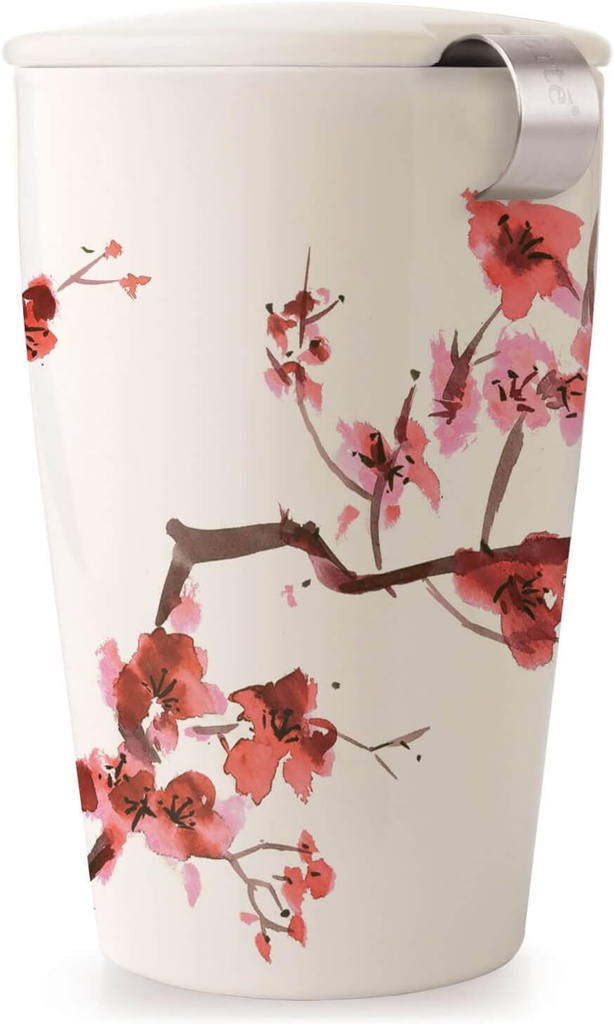 Tea Forte Double-Walled Ceramic Kati Cup, Removable Stainless Steel Infuser Basket and Lid, Steeps 12 oz Loose Leaf Tea, Dishwasher & Microwave Safe, Cherry Blossom