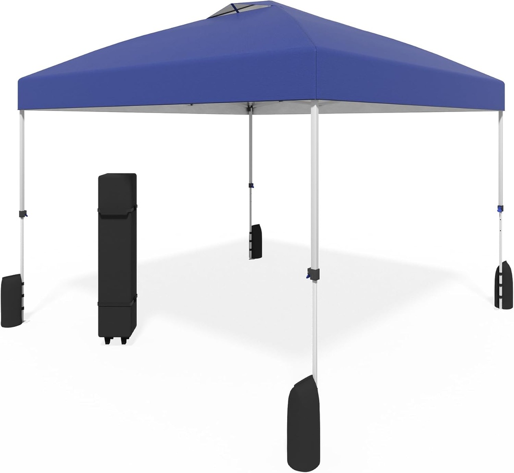 10x10 Pop Up Canopy - Instant Setup Beach Tent with Wheeled Carry Bag, 8 Sandbags & 4 Guy Lines - Portable Sun Shade for Camping, Events, Silver Coated Top, Blue