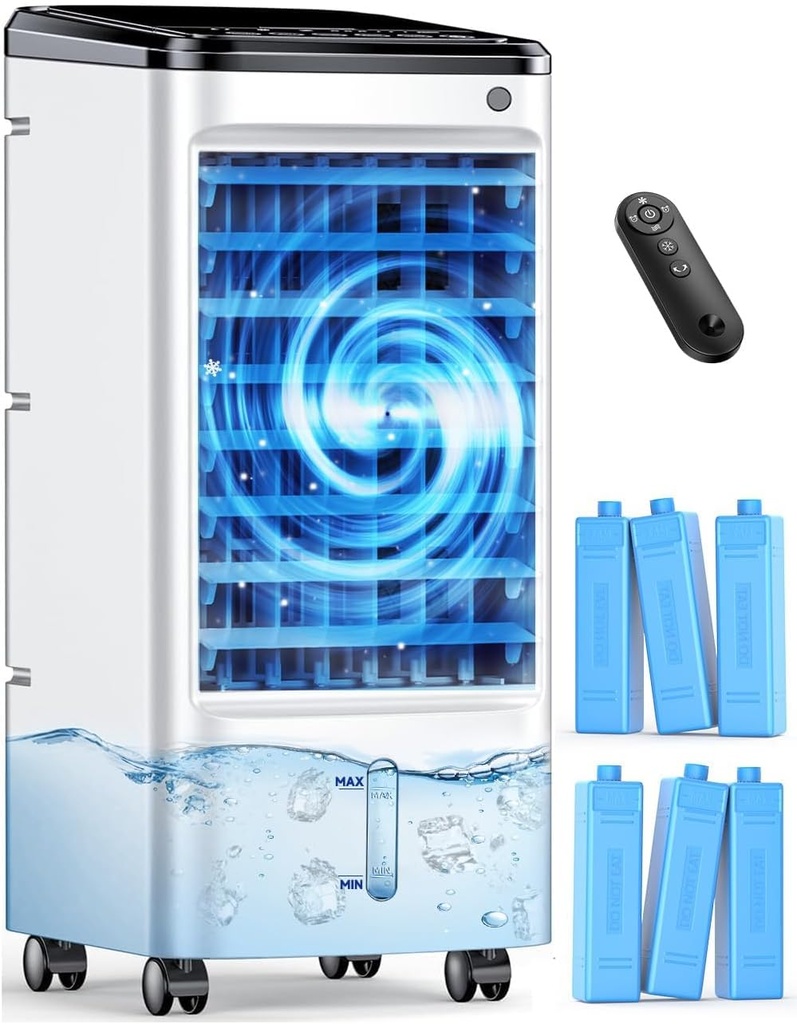 Evaporative Air Cooler, Swamp Cooler Air Conditioner w/ 12H Timer for Auto-off, 6 Upgraded Ice Packs, 3-Speed Windowless Air Conditioner, Smart Remote, Dual Tank Portable Air Cooler for Room