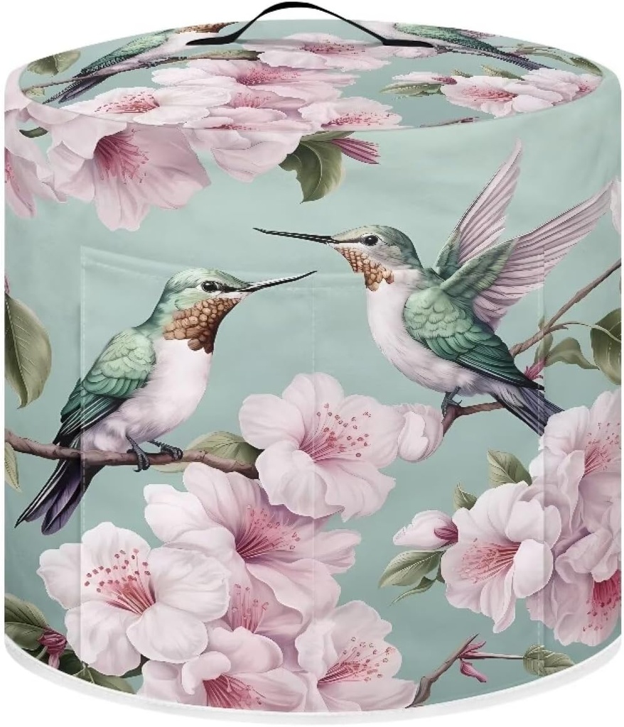 Hummingbird Light Pink Peach Blossom Rice Cooker Cover for Instant Pot, Crockpot, Air Fryer Storage Cover with Handle and Pocket, Waterproof, Fabric Blend