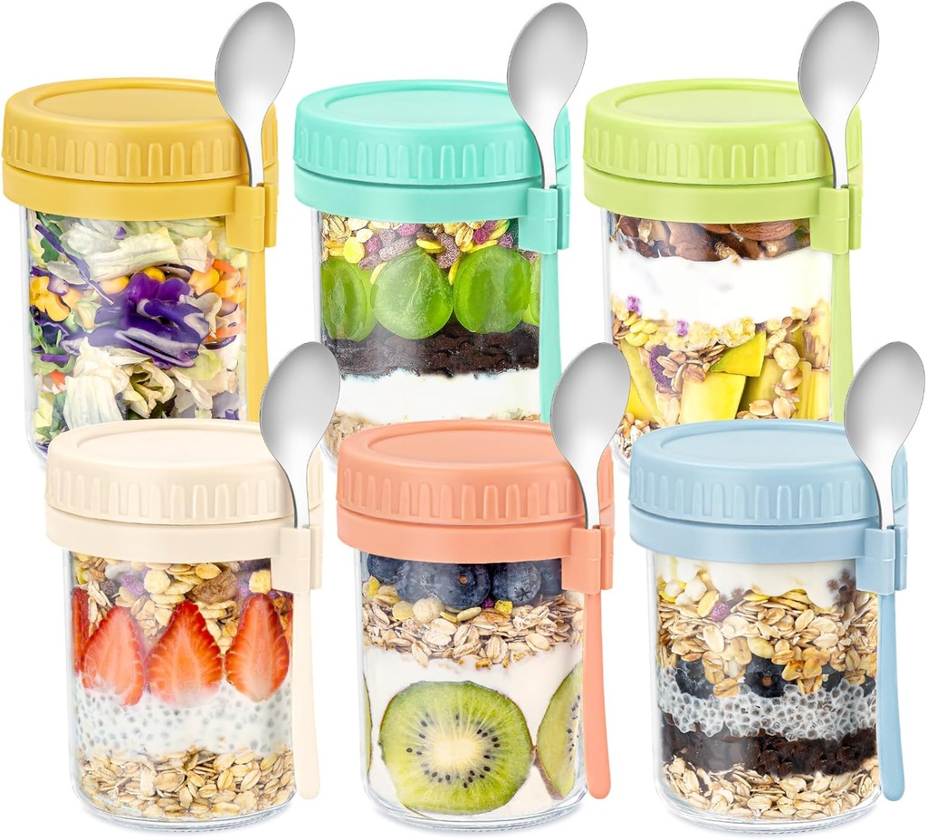 DRKIO 6 Pack Overnight Oats Containers with Lids and Spoons 16 Oz Glass Mason Jars for Overnight Oats Leak Proof Oatmeal Container Great for Cereal Fruit Vegetable Milk Salad Yogurt Meal Prep
