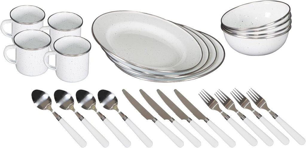 Stansport Deluxe 24-Piece Enamel Tableware Set - Enamel Plates and Bowls Lightweight and Durable Camp Dish Set for Camping and Backpacking Plates and Bowls for 4 People