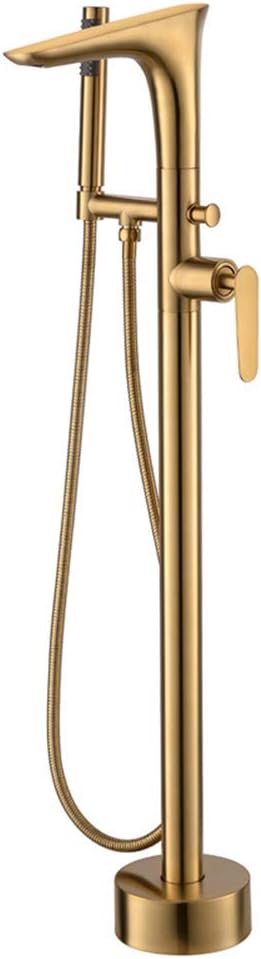 Brass Freestanding Bathtub Faucet with Cold and Hot Water Brushed Gold Single Handle Bath Shower Mixer Floor Mounted Taps with Handheld Shower