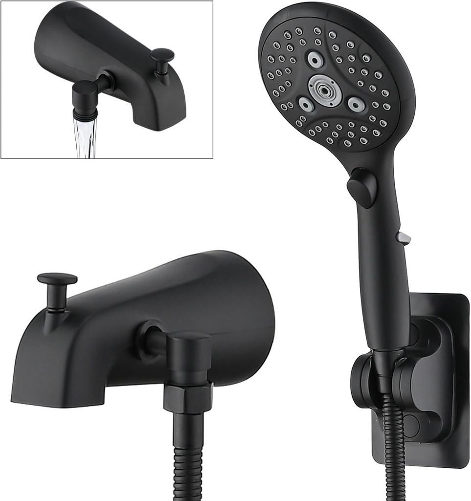 PROOX All Metal Tub Spout with Diverter Matte Black, 6 Settings Hand held Shower with ON/Off Pause Switch, Bathtub Faucet with Sprayer