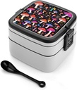 Fashion Reusable Leak Resistant Bento Lunch Box, Double Layer Bento Box, Adult Lunch Bag For Dining Out, Work, Picnic Compatible With Light Purple Goth Sun Moon Star Magic Hippie Trippy Mushroom