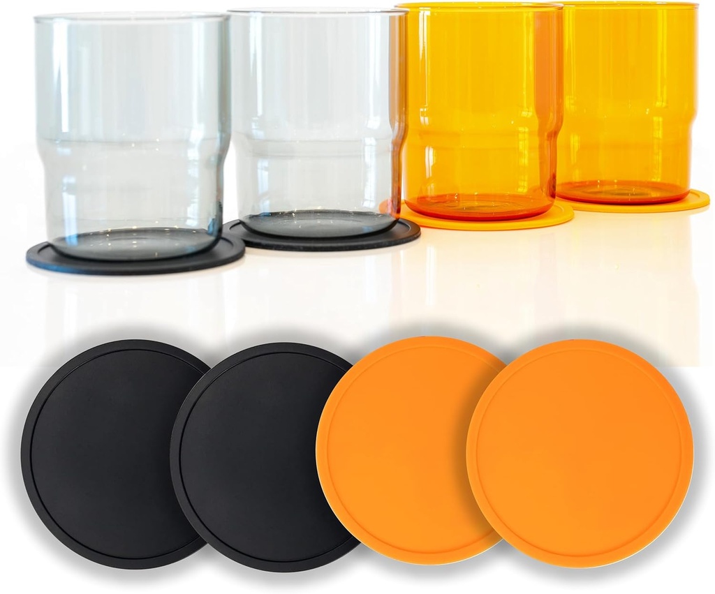 GA FE Set of 4 Glass Cups and Silicone Coasters, 12oz Drinking Glasses, Tough Borosilicate Glass, Light Weight, Stackable Design, Home and Bar, Cocktails, Iced Drinks, Coffee and Tea, Party Cups