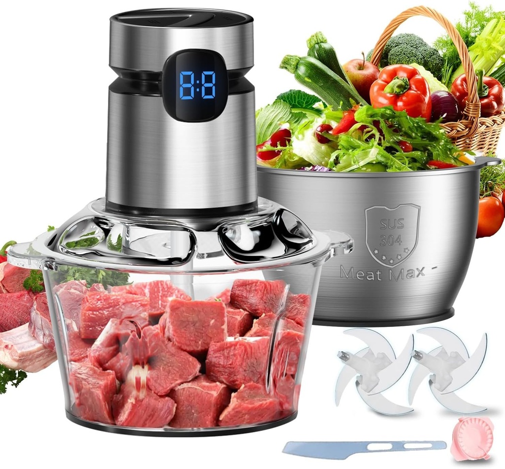 Electric Food Processor with 8 Cup+8 Cup Stainless Steel & Glass Bowls, 3 Speed Mode Meat Grinder with digital timer screen, Food Chopper for Family & Baby Food, Meat, Fruit, Onion, Vegetables