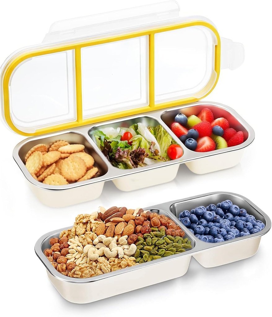 Stainless Steel Snack Containers, 2 Pack Leak-Proof Reusable Snack Containers with Lids, 2 Compartment & 3 Compartment Divided Food Storage Containers, 24 Oz, for School, Work, Outdoor, Travel
