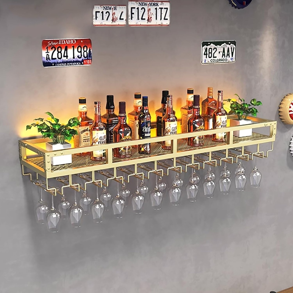 Wall-Mounted Wine Racks with Glass Holder,Iron Wine Bottle Shelf,Stemware Rack,Wine Glass Rack Multi Functional Wine Storage Display Rack,Bar Shelves for Liquor Bottles,for Living Room,Wine Cellar (C