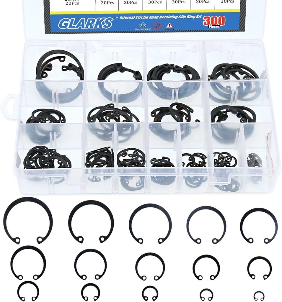 Glarks 300Pcs 15 Size Metric Internal Circlips Snap Retaining Ring Assortment Kit, Black Alloy Steel
