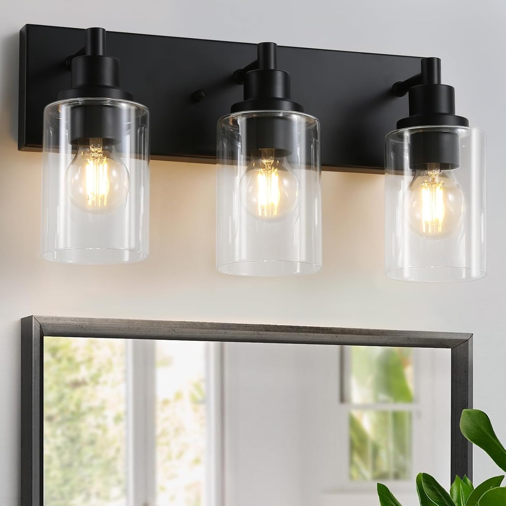 LOUSACE 3 Light Bathroom Vanity Light, Matte Black Bathroom Light Fixtures Over Mirror, Modern Bathroom Lighting with Clear Glass Shade, Black Farmhouse Wall Sconces Lighting Fixture for Bedroom