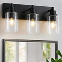 LOUSACE 3 Light Bathroom Vanity Light, Matte Black Bathroom Light Fixtures Over Mirror, Modern Bathroom Lighting with Clear Glass Shade, Black Farmhouse Wall Sconces Lighting Fixture for Bedroom